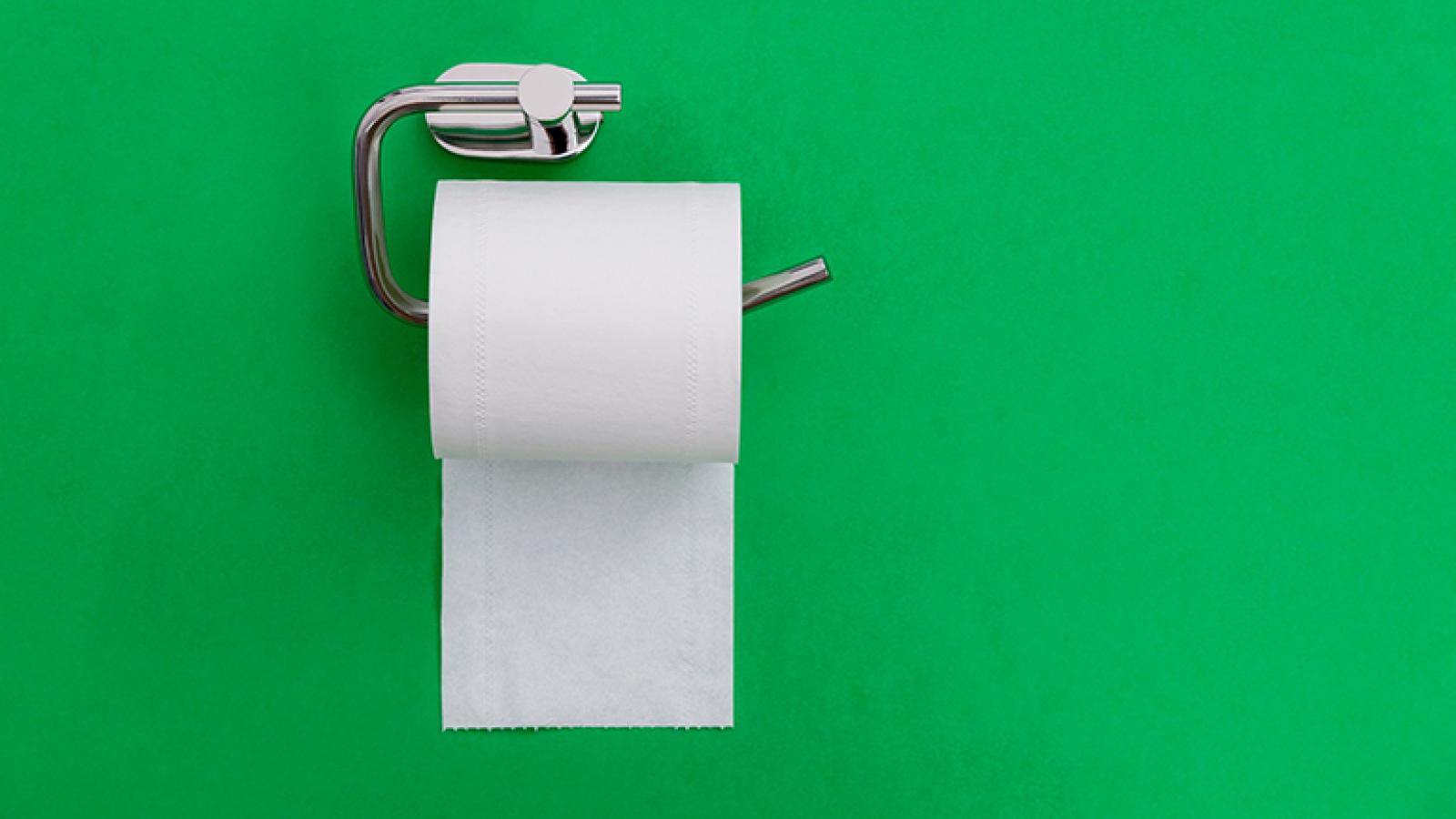 A roll of toilet paper on a green wall.