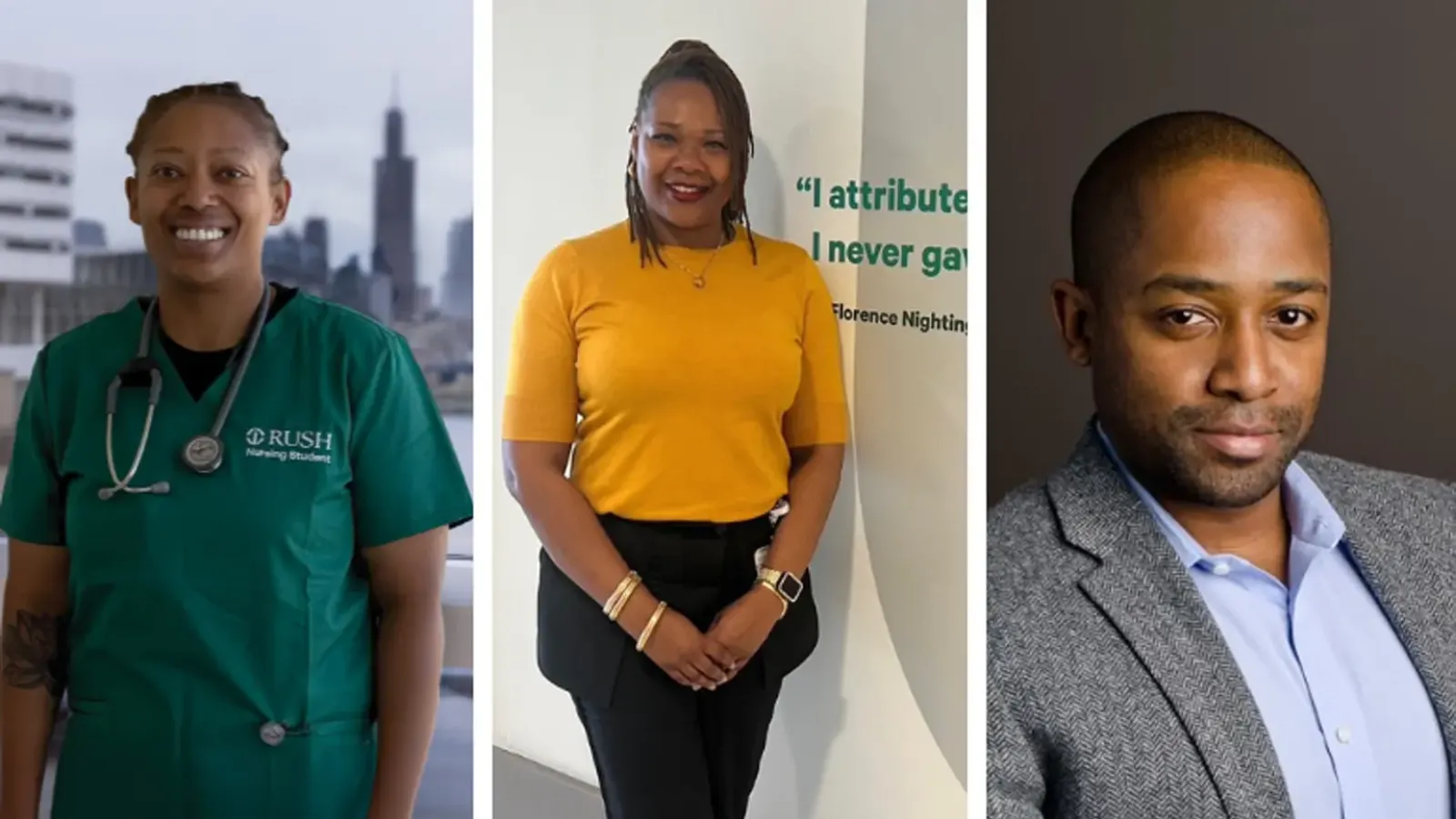 From left to right, Rush College of Nursing students Tawana Ellington, KimberLee Goodar and Anthony Mask