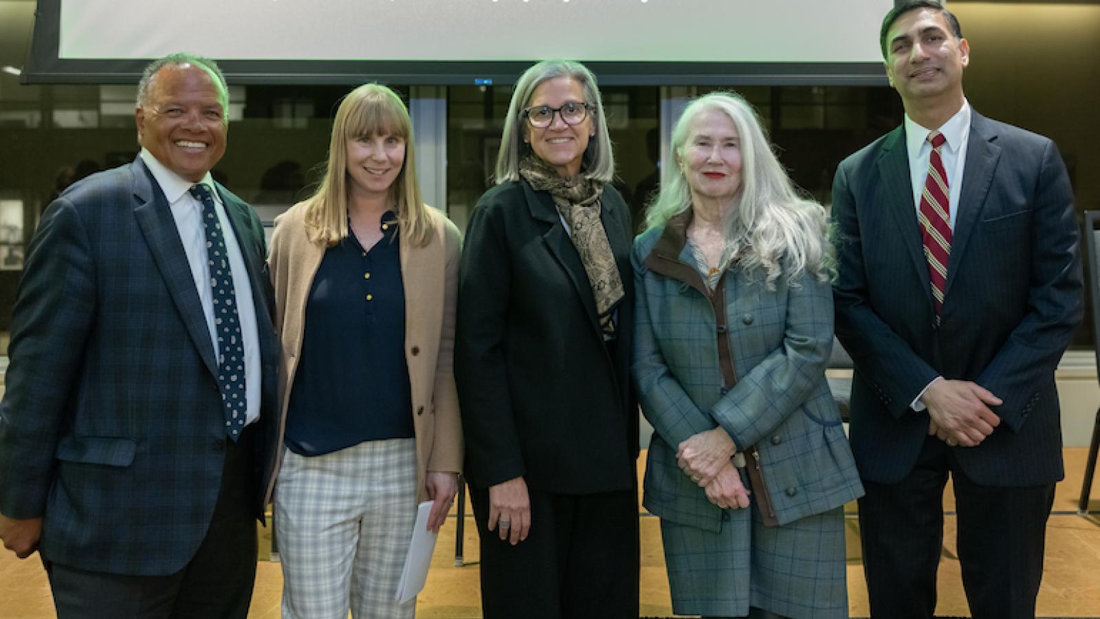 Standing left to right: Robert S.D. Higgins, president of Rush University; Nadine Lerret, College of Health Sciences associate dean of academic and Al integration; Julie Hoff, provost of Rush University; Christine M. Kennedy, dean of the College of Nursing; and Pete Batra, senior vice president and dean of Rush Medical College.