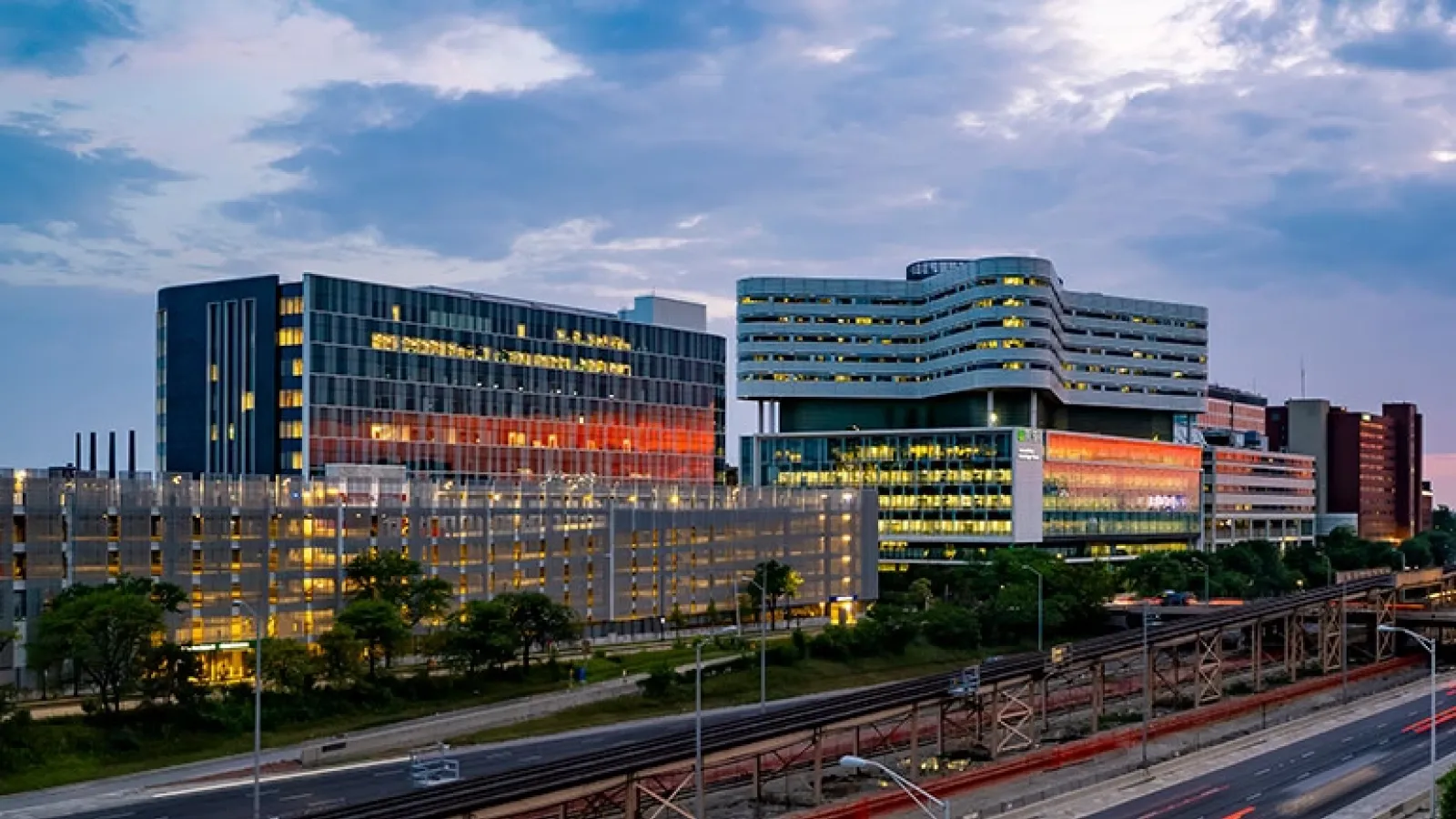 Rush University Medical Center campus at dusk