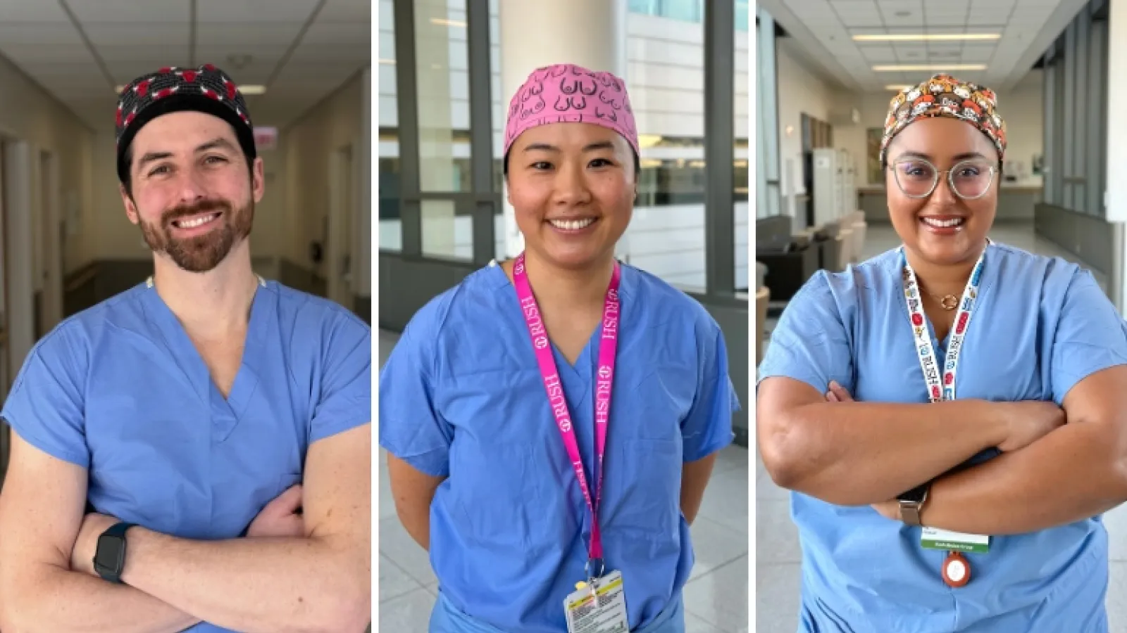 Three Rush surgeons wearing colorful caps