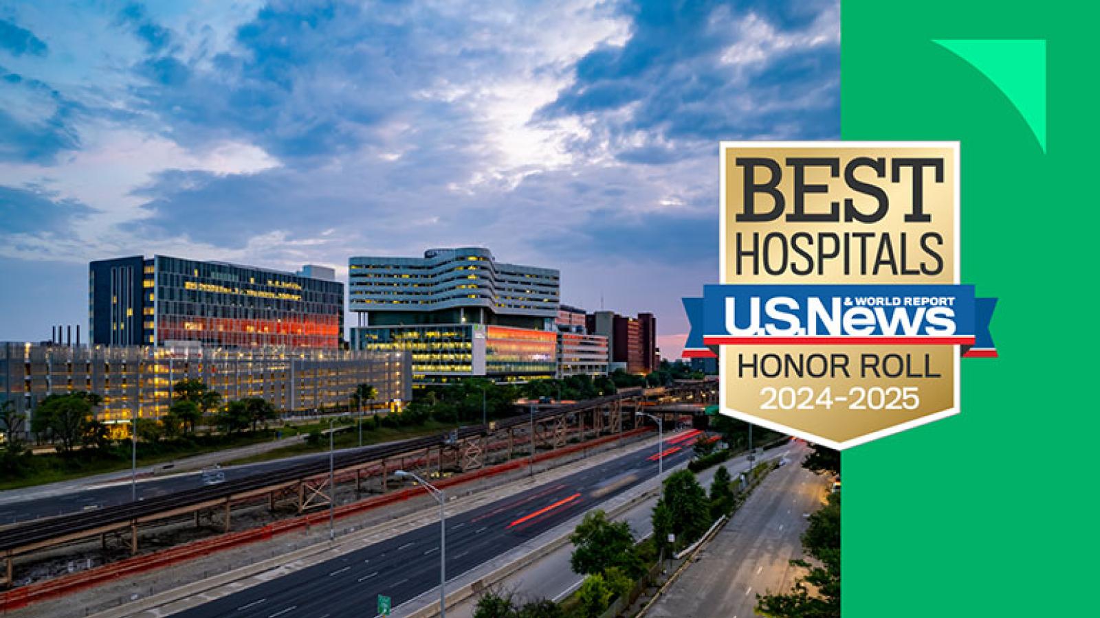 Image of Rush downtown campus with U.S. News Best Hospitals badge