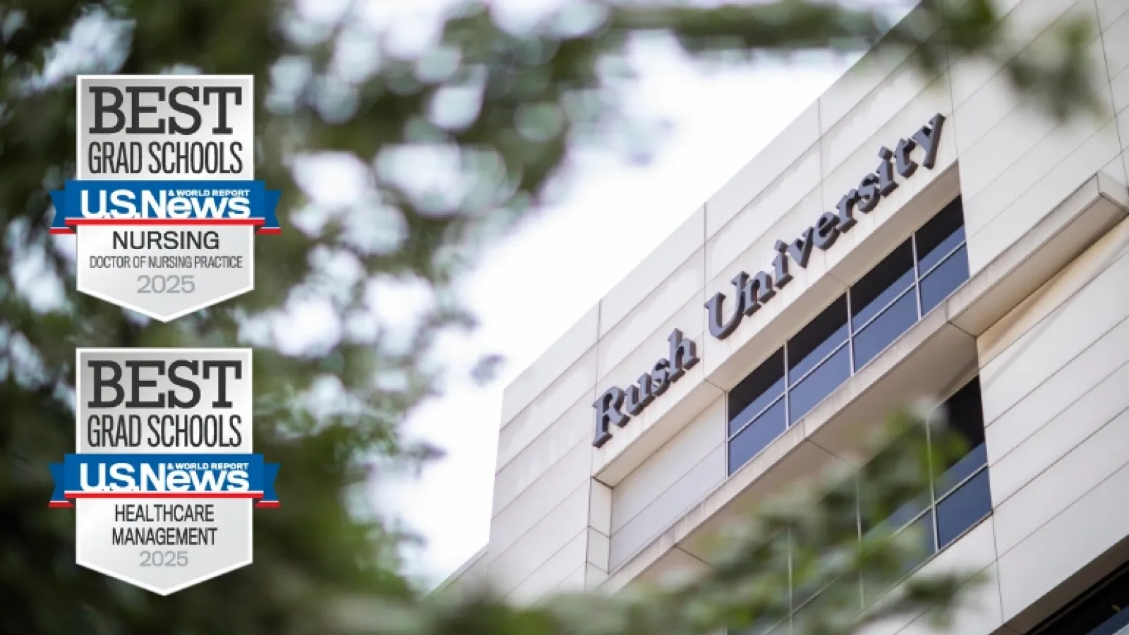 Exterior of a Rush University building, overlaid with badges reading US News Best Grad Schools