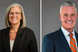 Rush College of Nursing alumni Julie Hoff, PhD, RN, FNAP, FAAN, and Steven Brockman-Weber, DNP, RN, MSHSA, FACHE, NEA-BC, CENP