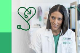 A Rush doctor looks at a patient, and there is a logo overlay with a stethoscope forming a heart shape.