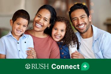 A group of four people, including two children, are sitting together on a couch, smiling warmly. The lower part of the image features a green banner with the text "RUSH Connect +" and a logo.