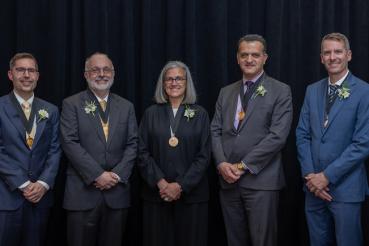 Standing, fom left to right: Dirk Gillespie, PhD; Fotios Asimakopoulos, MB BChir PhD (Cantab); Julie Anne Hoff, PhD, MPH, RN, FAAN; Carlos F. Bechara, MD, DFSVS; and Augusto Miravalle, MD.