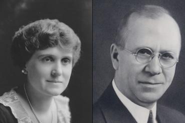 Black-and-whie portraits featuring (left) Florence D. and William J. Hagenah Sr. 
