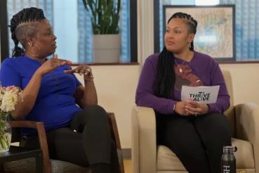 Jazmine Lampkin interviews a guest during her podcast.