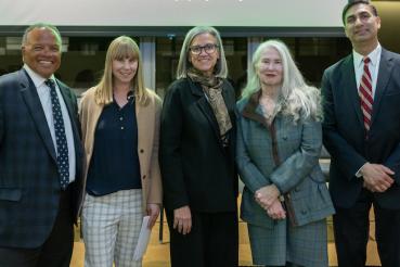 Standing left to right: Robert S.D. Higgins, president of Rush University; Nadine Lerret, College of Health Sciences associate dean of academic and Al integration; Julie Hoff, provost of Rush University; Christine M. Kennedy, dean of the College of Nursing; and Pete Batra, senior vice president and dean of Rush Medical College.