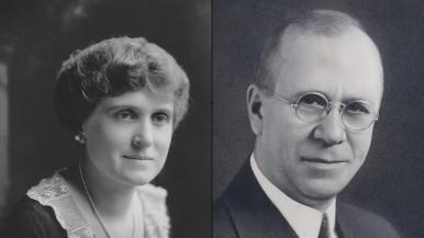 Black-and-whie portraits featuring (left) Florence D. and William J. Hagenah Sr. 
