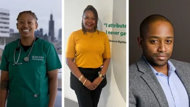 From left to right, Rush College of Nursing students Tawana Ellington, KimberLee Goodar and Anthony Mask