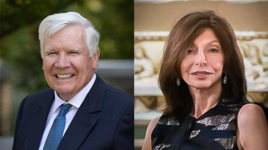 Pictured are headshots of Bill Conway, founder and trustee of the Bedford Falls Foundation, and the late Joanne Barkett Conway, who provided the original vision for the Bedford Falls Foundation.