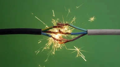 Electrical sparks fly away from frayed wires on a green background.