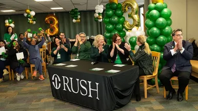 Rush Oak Park nurses and CEO Dino Rumoro, DO, celebrate the hospital's Magnet designation