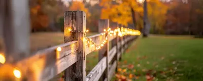 fence with lights and fall leaves