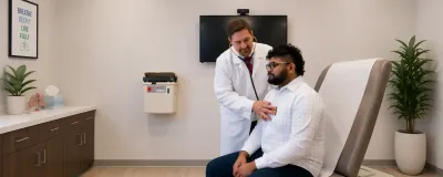 Edward Pickering, MD, Pulmonologist at Rush, examining a patient.
